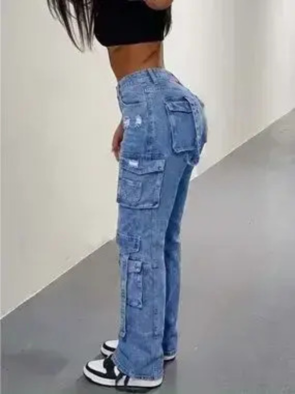 High-Waisted Distressed Cargo Jeans - Picture 2 of 4